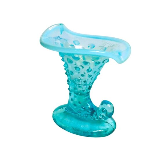 Vintage  Pre-logo Fenton-Blue Opalescent Hobnail Mini Cornucopia Candleholder - Picture 1 of 9